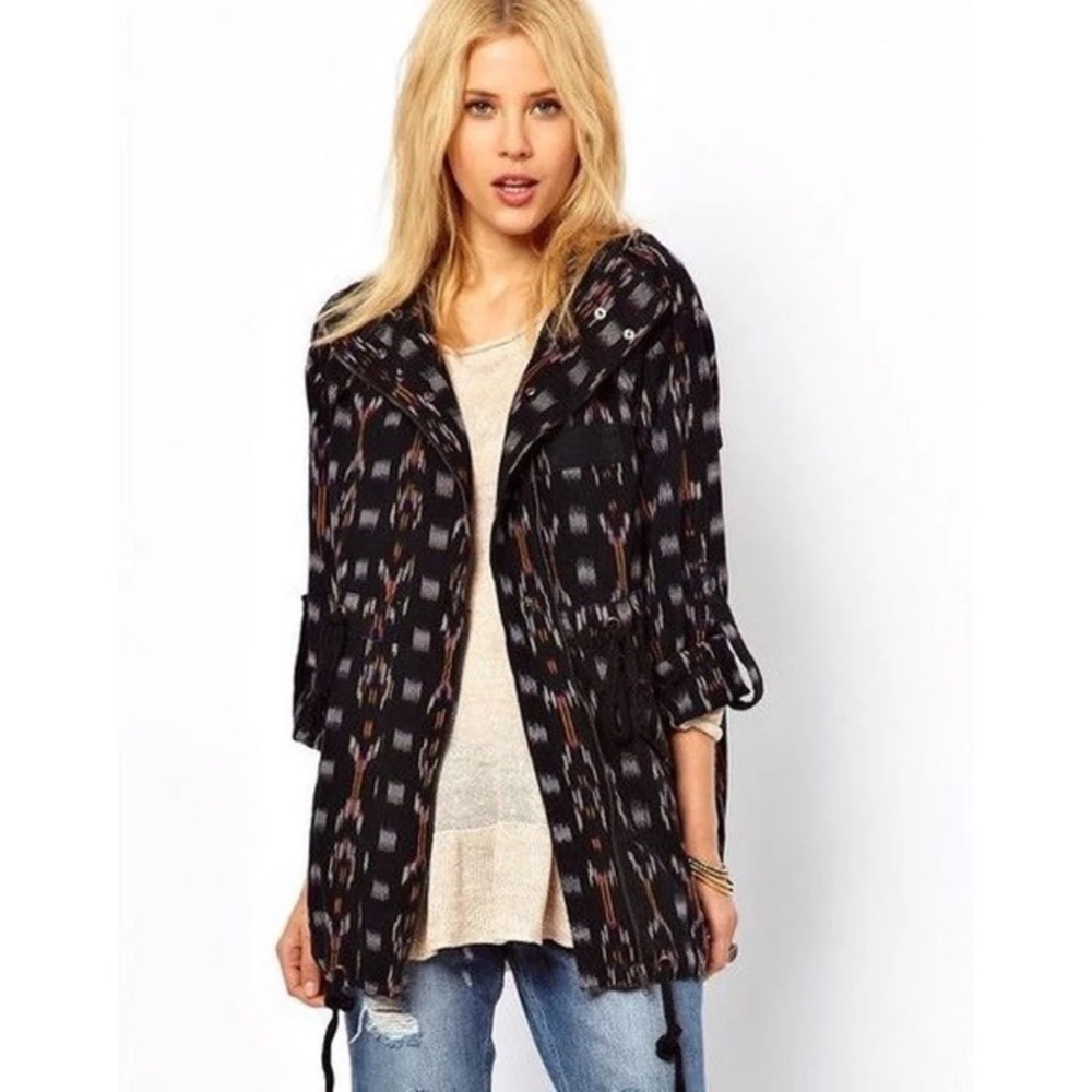 Vintage Free People Tribal Print fabric jacket w/ hood